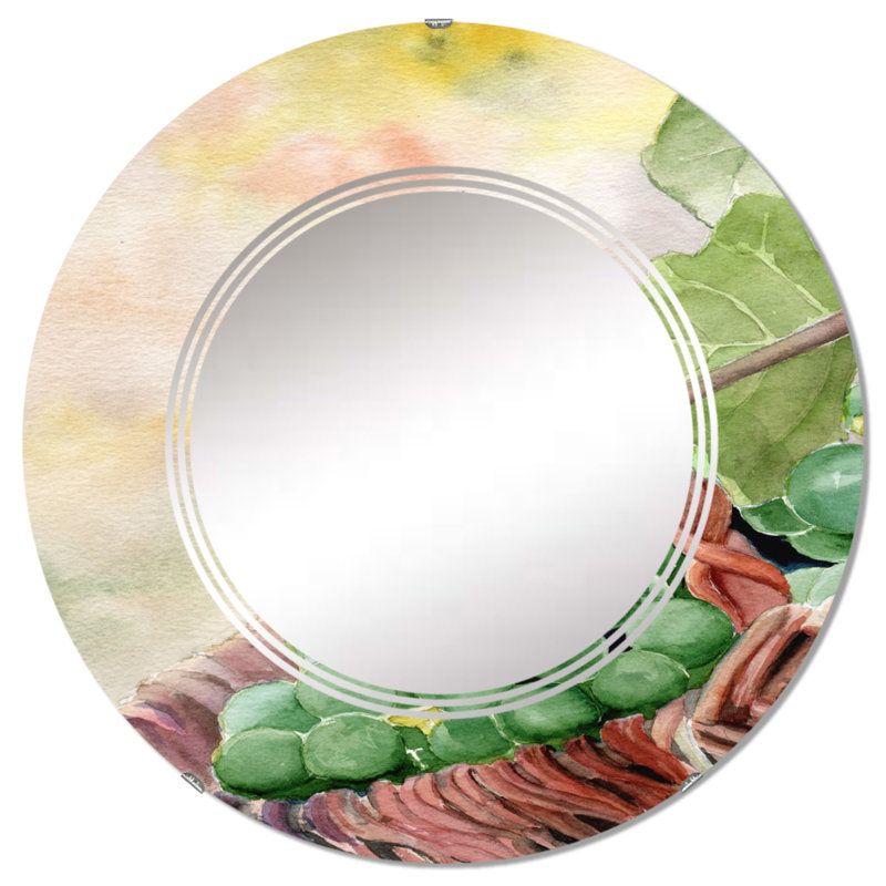 Grappe de raisin vert dans un panier - Miroir mural rond de ferme, 32 po x 32 po