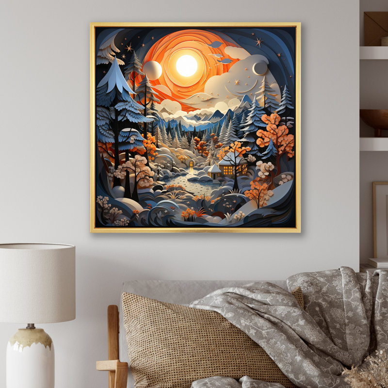 «Orange Orange Winters Papercut Landscape II», art mural sur toile, H 16 po x l 16 po, Cadre photo noir
