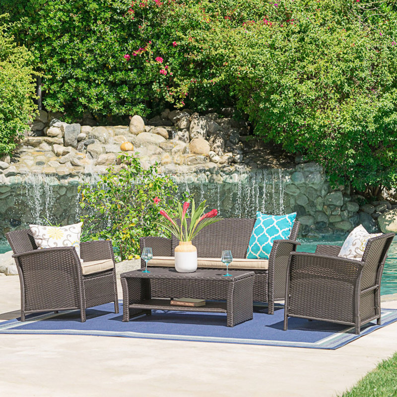 4Pc Sofa Set, Tan Cushion/Brown Frame