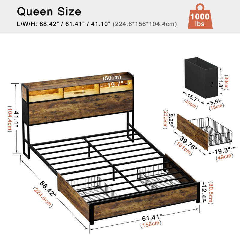 Antioch Bed Frame with 2 Underbed Drawers & 2 Bedside Drawers, Modern Bed with Charging Station & LED Light, Brown, Queen