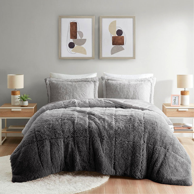 Mini-édredon en fourrure à poils longs gris ombragé confortable pour lit double / grand, intérieur grand respirant, tissu