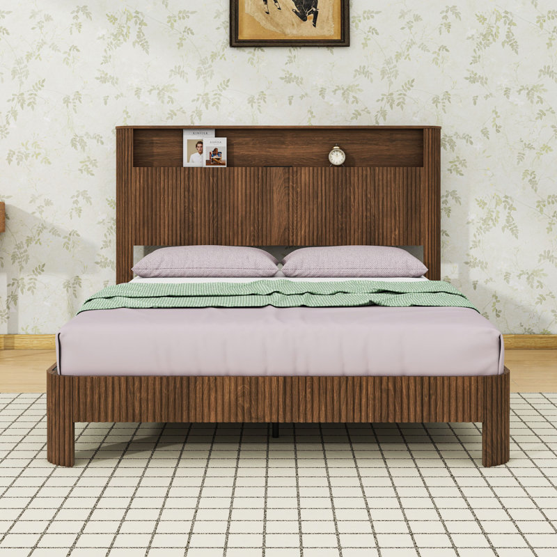 Lit plateforme en bois avec tête de rangement, station de charge USB et prise, Grand lit, Noyer