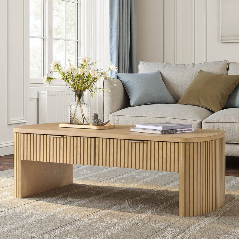 Table basse en bois massif cannelé avec rangement Kaybri Filipo, Naturel
