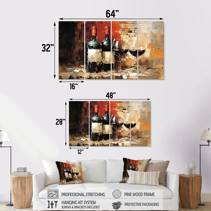 «Midnight Blue Sommeliers Red Wine - Wine», art mural 4 pièces pour le salon, H 32 po x l 64 po