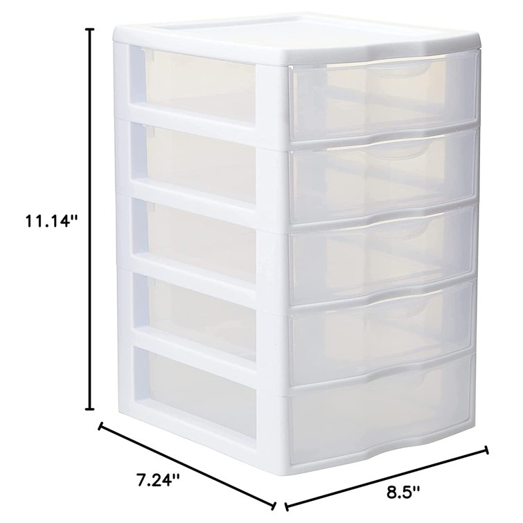 Sterilite Clearview Small Plastic 5 Drawer Desktop Storage System, White, 4 Pack White