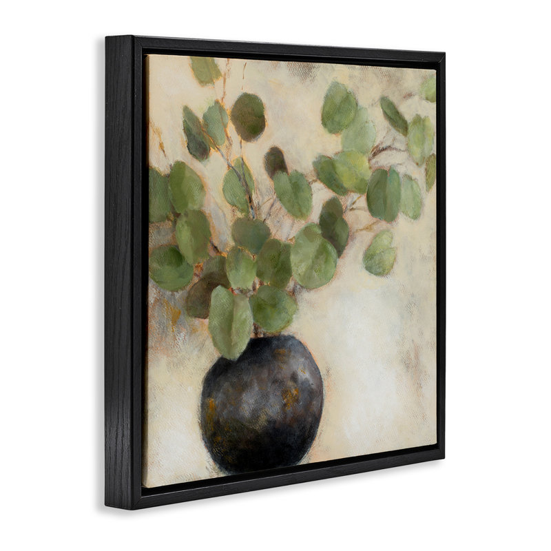Feuilles d'eucalyptus vertes en pot, H 18 po x l 18 po, Cadre flottant noir de jais