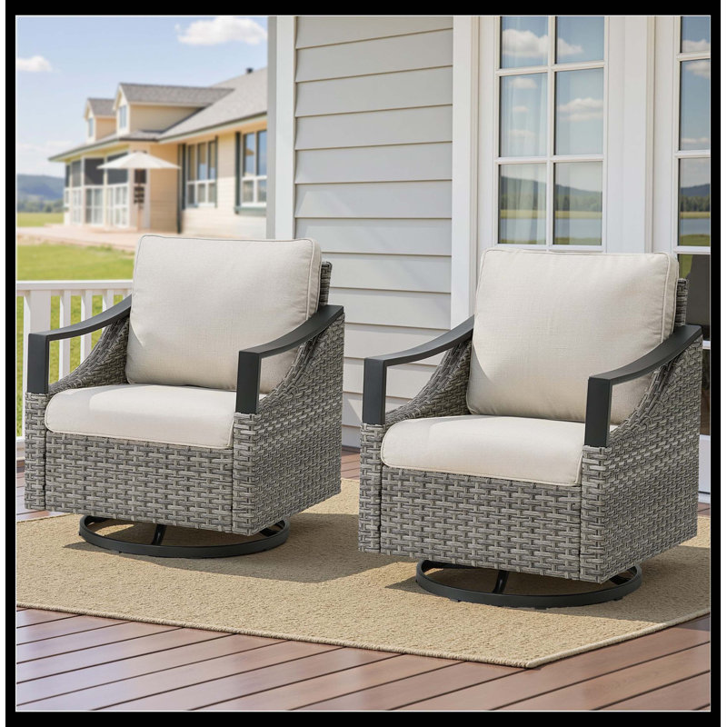 Ensemble de chaises berçantes pivotantes en osier toutes saisons pour l'extérieur, Beige, Gris