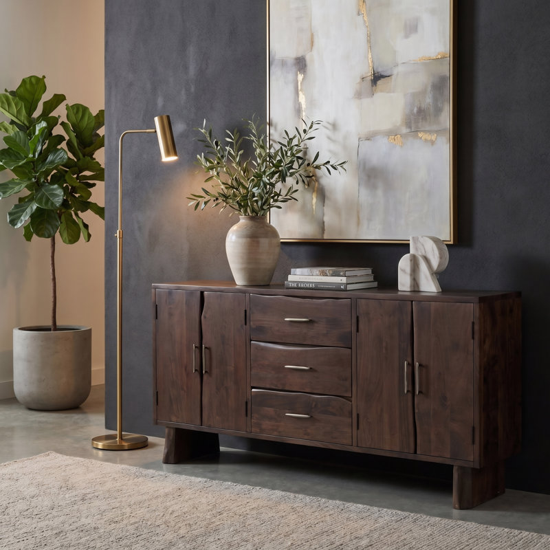 3-drawer 4-door Live Edge Solid Wood Sideboard, Dark Walnut