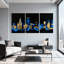 Cités et pays, paysage urbain, or bleu, art abstrait, ensemble de 3 impressions sur toile-2106966498