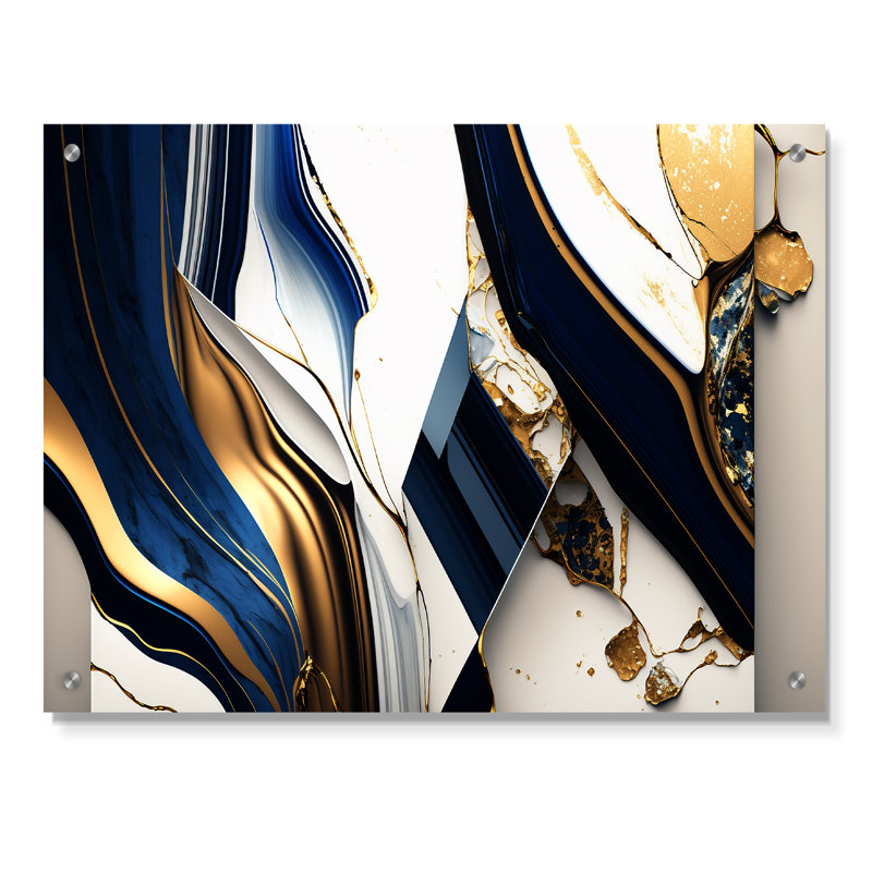 Abstract Geode Geometric Blue V - Art mural abstrait géométrique en acrylique pour le salon, H 30 po x l 40 po