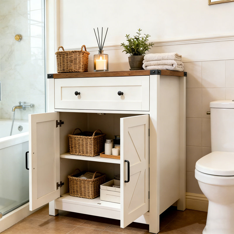 32.68'' H Farmhouse Barn-door Storage Cabinet, Coffee Bar Buffet Sideboard With Drawer For Kitchen & Living Room, White