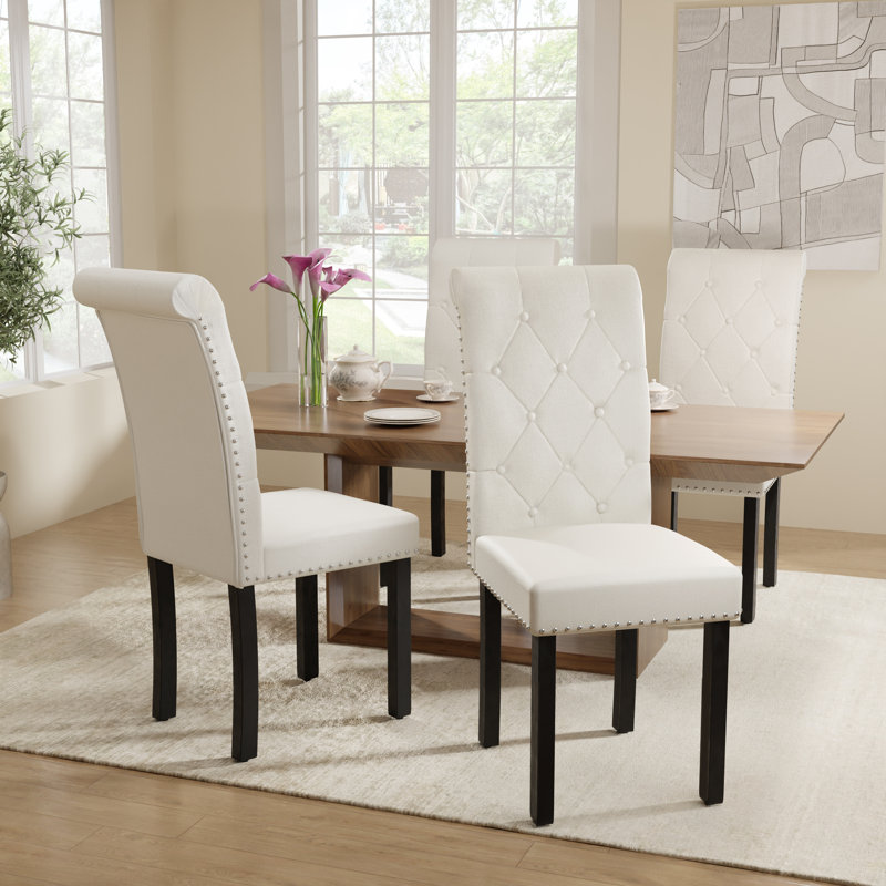 High-End Roll Back Nailhead Upholstered Dining Chairs(Set of 6), Beige