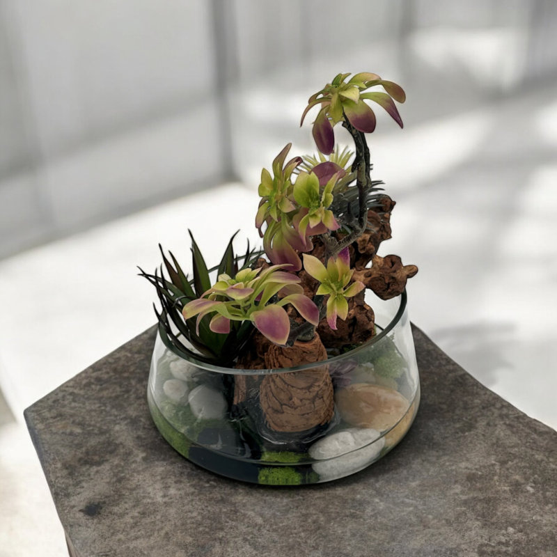 Succulent Design in Clear Circular Irregular Shaped Glass Vase with Epoxy | Unique Succulent Vase with Artificial Succulents