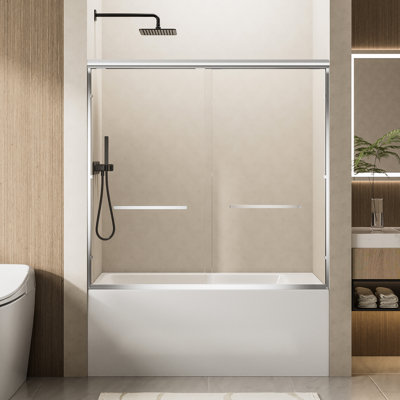 60" W X 57" H Soft-Close Double Sliding Shower Door With Finish, 1/4" Thick Tempered Glass, Dual Stainless Steel Handles, , Reversible For Space - Saving Bathroom Designs, Leakproof Design Magnetic
