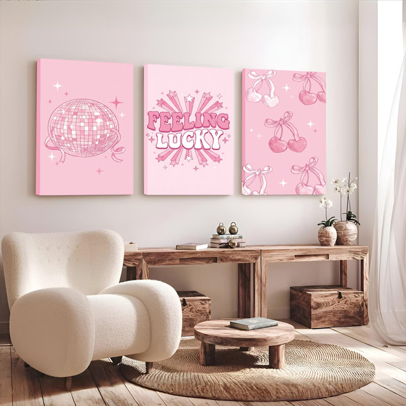 Ensemble de 3 tableaux sur toile tendue « Boule disco rose, cerises et étoiles », H 36 po x l 72 po