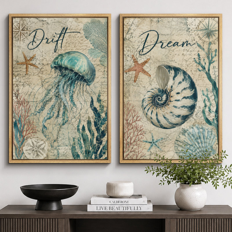 «Coastal Jellyfish and Seashell», art de la salle de bain, impression sur toile encadrée, 2 pièces, 36" H x 48" W x 1.5" D