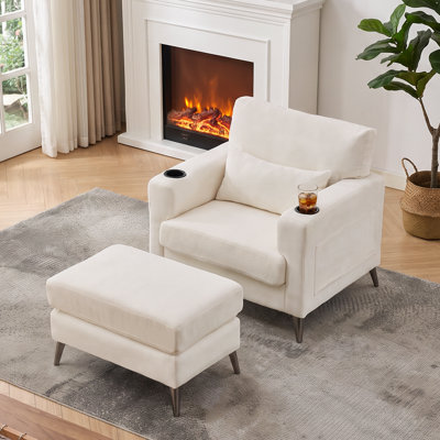 Upholstered Single Lounge Sofa Chair and Ottoman Set with Cup Holders