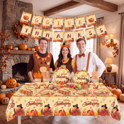 402 Pcs Fall Pumpkin Party Supplies, Disposable Paper Plates, Cups, Napkins, Cutlery & Tablecloth for Thanksgiving Harvest