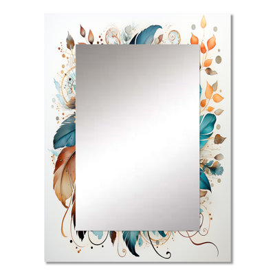 Boho Flowers Bouquet In Blue And Amber Orange I - Botanicals Large Mirror, Brown Decorative Wall Mirror, Printed Metal Art