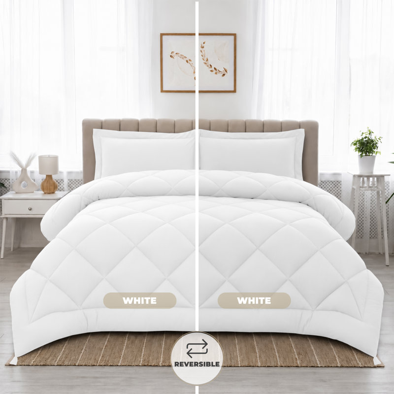 Down Alternative Microfiber Reversible Comforter Set - 3 Pcs All Season Diamond Pattern Comforter with Shams, Twin, White