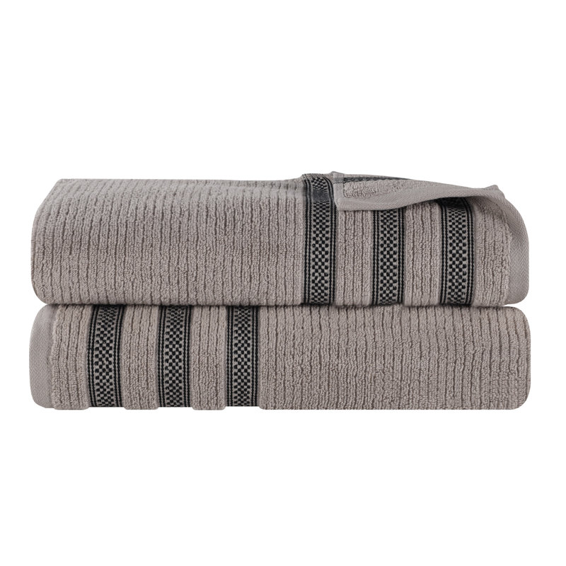 Zero Twist Cotton Ribbed Modern Geometric Border Soft Highly-Absorbent Bath Sheet Set, Gray
