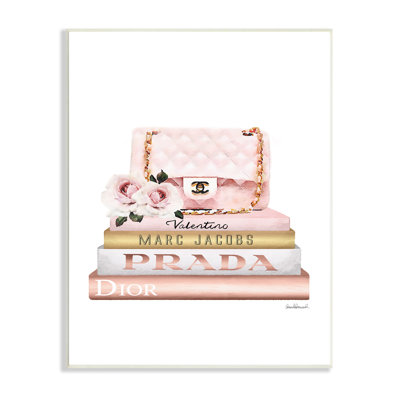 Pink Purse Gold Bookstack Glam Fashion Watercolor Design Oversized Wall Plaque Art by Amanda Greenwood