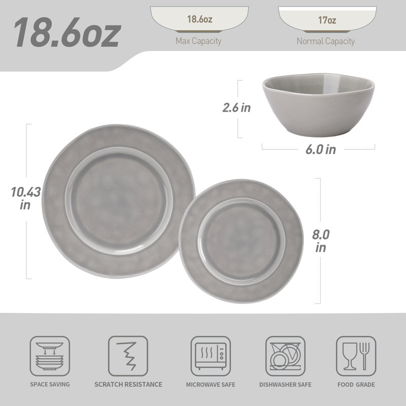  12 piece Stoneware Dinnerware Set - Service for 4, Slate Gray
