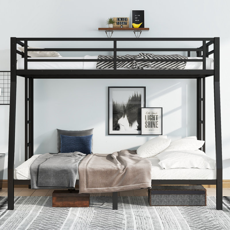  Lit double superposé au-dessus de grand lit en métal, structure peu encombrante, pas de sommier tapissier, noir
