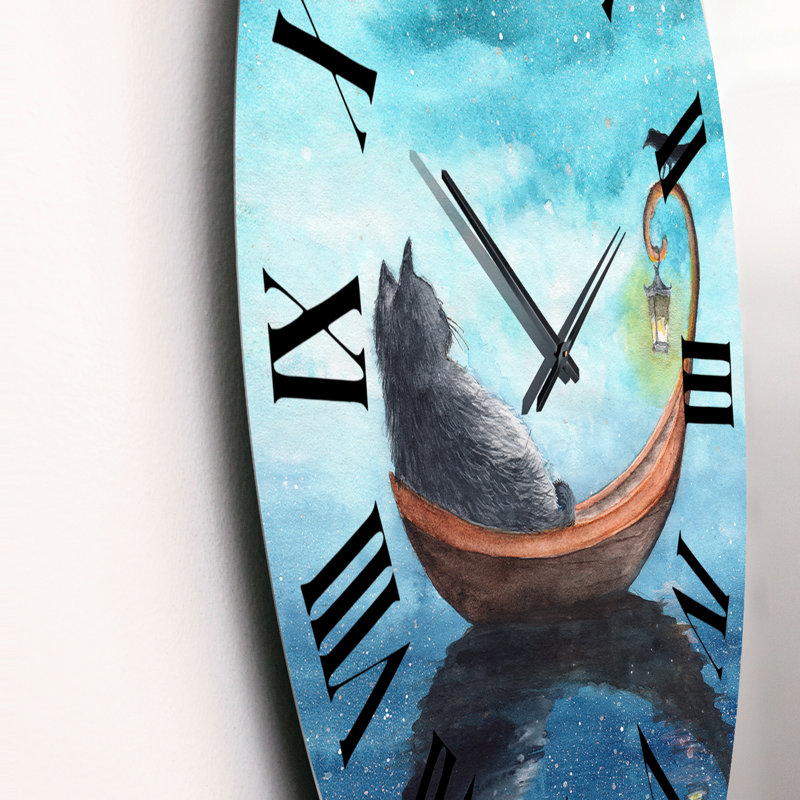 Un chat dans un bateau avec une lanterne et un oiseau noir - horloge murale nautique et côtière, Grand