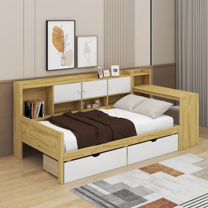 Lit de jour simple avec armoires et tiroirs, Naturel / Blanc