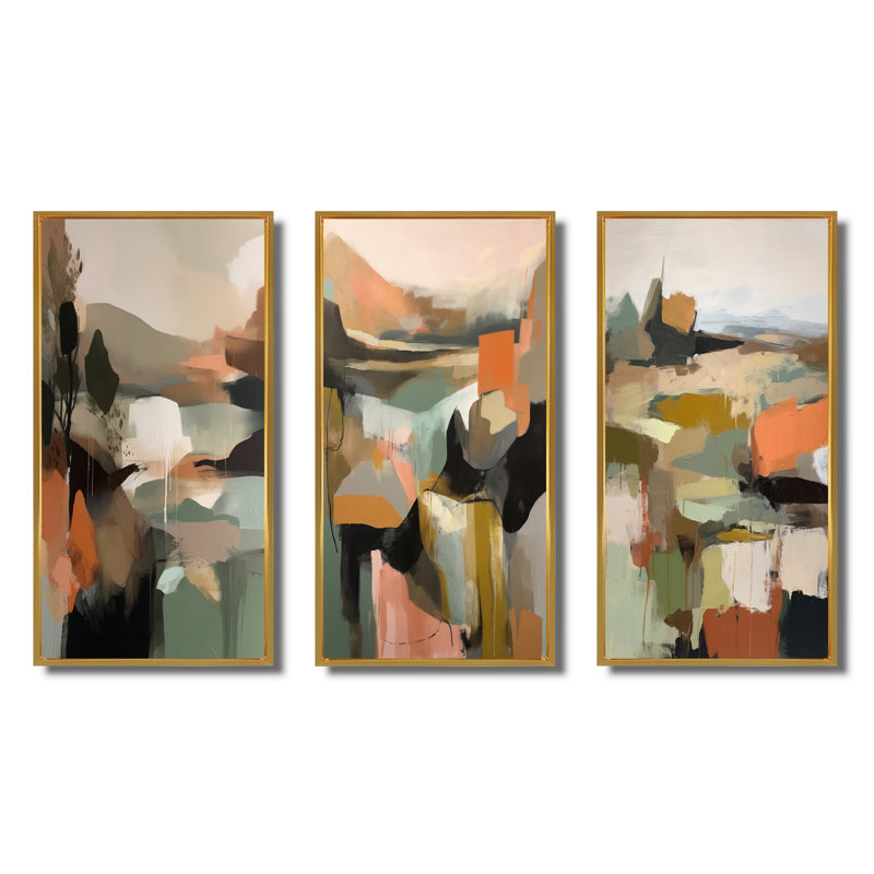 «Green and Beige Transcendant Reality III», ensemble de 3 peintures murales abstraites, Cadre flottant doré