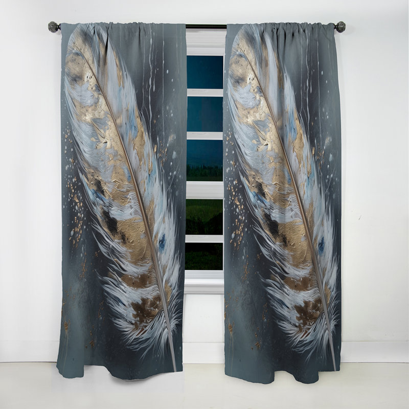 Gold Feather Wanderlust II - Glam Feather Curtain - Blackout Floral Curtain - 1 Panels, 52" W x 84" L
