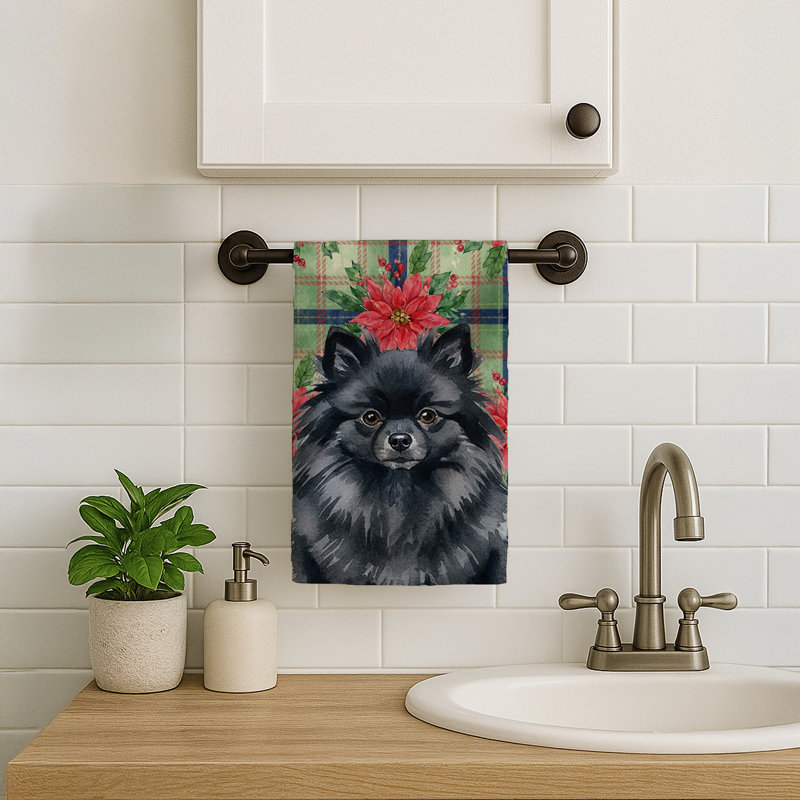 Black Pomeranian Christmas PoinsettIas Kitchen Towel, Black Pomeranian
