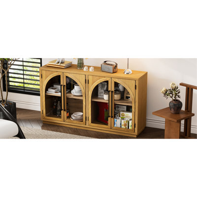 4-Door Arched Sideboard, Adjustable Shelves, Retro Atmosphere, Natural Wood, Multifunctional Style Sideboard With Glass Doors, High Capacity