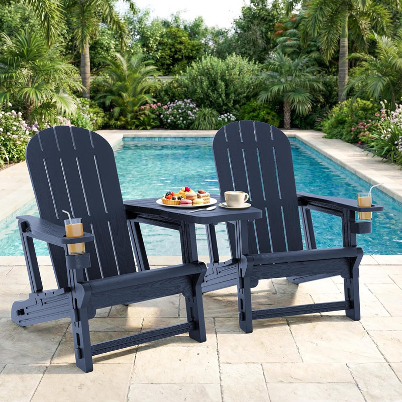 Adirondack Chair Set Of 2,HDPE Adirondack Chair W/Removable Tablelop & Umbrella Hole,All-Weather Wooden Textured Plastic Outdoor Chairs W/Cup Holder For Garden Backyard Pool,Dark Blue