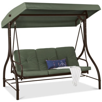  3-Seat Outdoor Converting Canopy Swing Glider Patio Hammock W/ Removable Cushions - Midnight Green