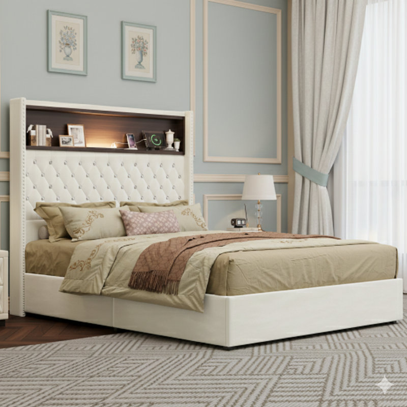 Structure de lit beige capitonnée en velours pleine grandeur avec port USB et veilleuse, tête de lit 52 po avec décoration à rivets, lit plateforme à oreilles avec tablette de tête de lit