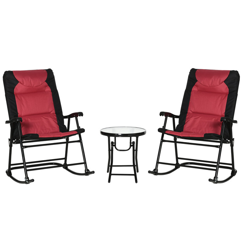 Gaskins 3pc Folding Outdoor Rocking Chair and Table Set Camping Lounger Yard, Red