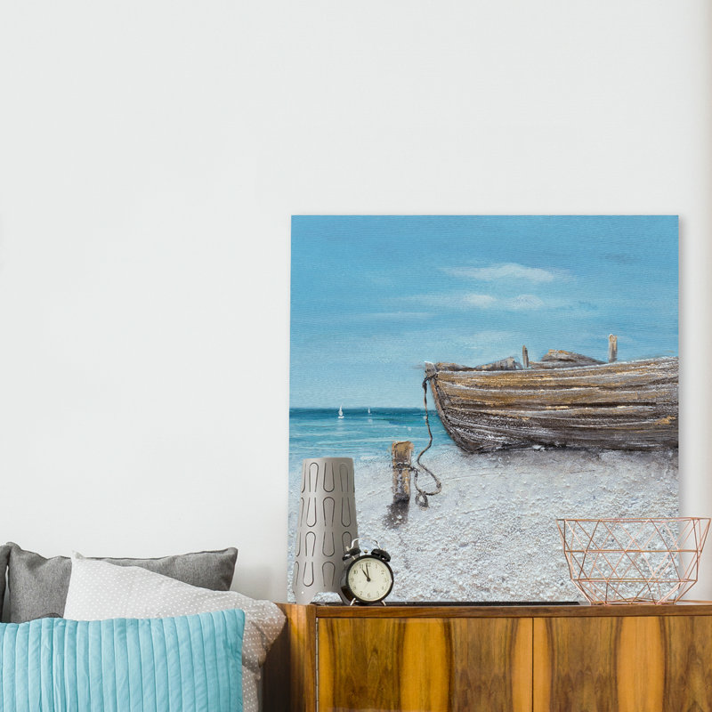 Le bateau sur la plage - peinture sur toile tendue, H 20 po x l 20 po x P 1,5 po