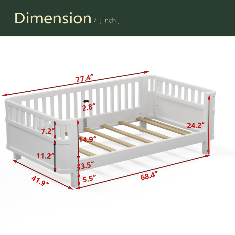 Lit plateforme en bois pour enfants, lit à profil bas en bois avec rails, Lit simple, Blanc