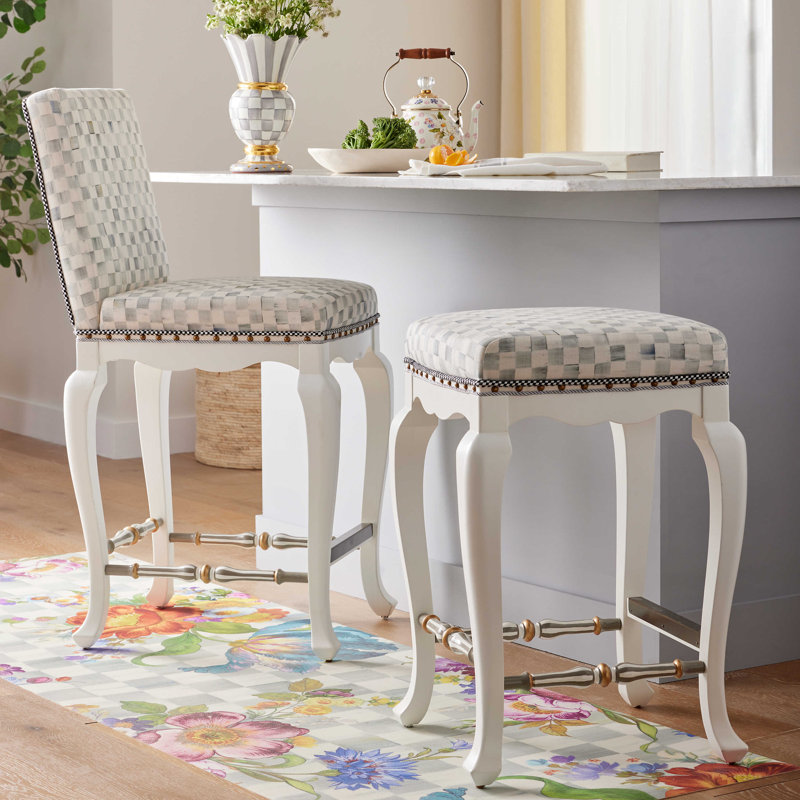 White and Gray Solid Wood Counter Stool with Upholstered Back