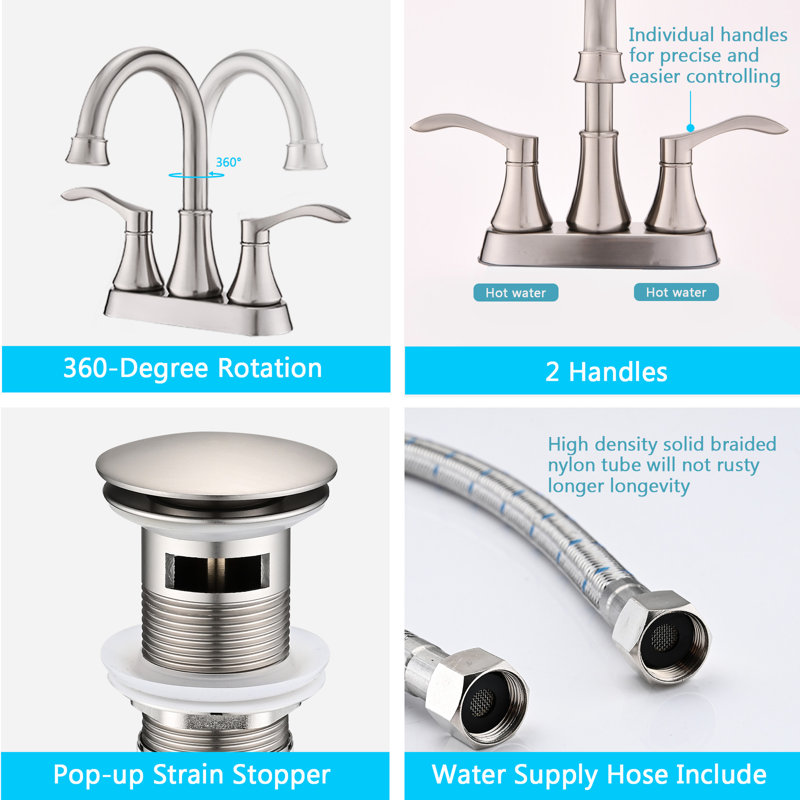 Brushed Nickel Bathroom Sink Faucet - 4 Inches , 360 Swivel Spout & Pop Up Drain, Material, , Water Saving Feature, Drip- Cartridge, Elegant Double Handles Tap Nickel, And Quality, , 20%, Smooth