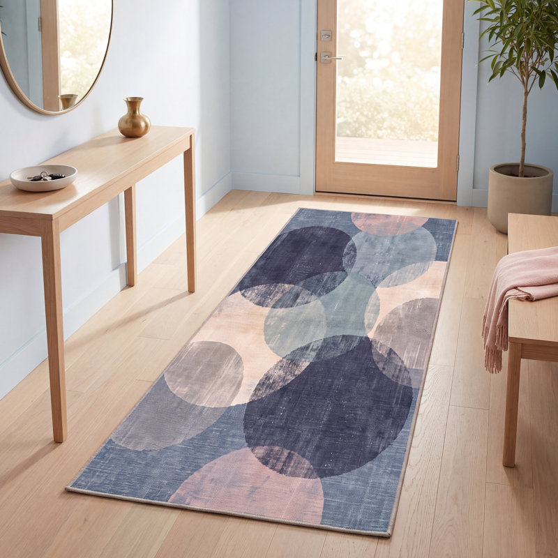Tapis Canyon Modern Circles à motifs géométriques bleu marine, turquoise, gris, crème et rose, lavable à la machine, antidérapant, à poils courts, pour l'intérieur et l'extérieur, adapté aux animaux domestiques, idéal pour le salon, la chambre, la salle à manger, l'entrée, le couloir ou le bureau.