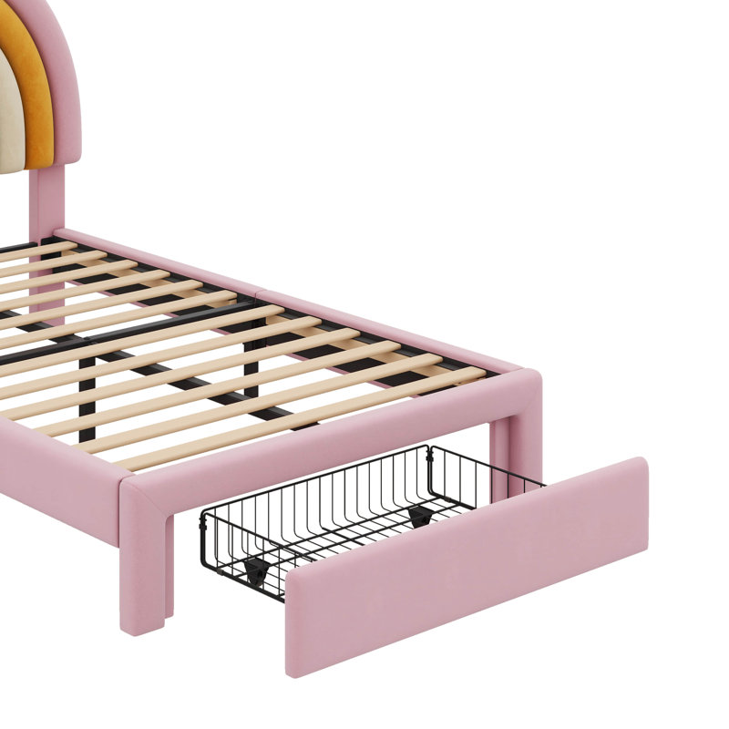 Tiroir de rangement pastel rembourré avec lit plateforme, Lit simple