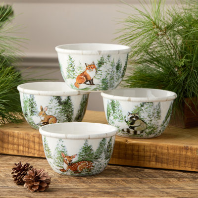 Winter Cabin Set of 4 Ice Cream Bowls — Four 20-ounce illustrated ceramic bowls, each a winter woodland portrait perfect for every sweet and warming serving of the season.