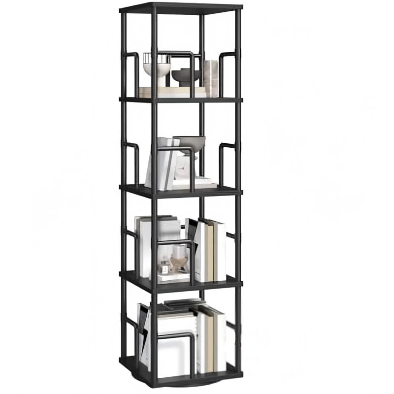 Bibliothèque rotative à 4 niveaux, bibliothèque d'angle autoportante, bibliothèque pivotante à 360 °, support de rangement de style industriel avec rails, noir