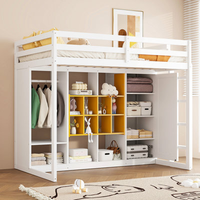 Lit mezzanine en bois avec garde-robe, tablettes et armoire