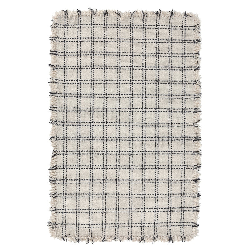 Ivory and Black Checkered Wool 5' x 8' Area Rug
