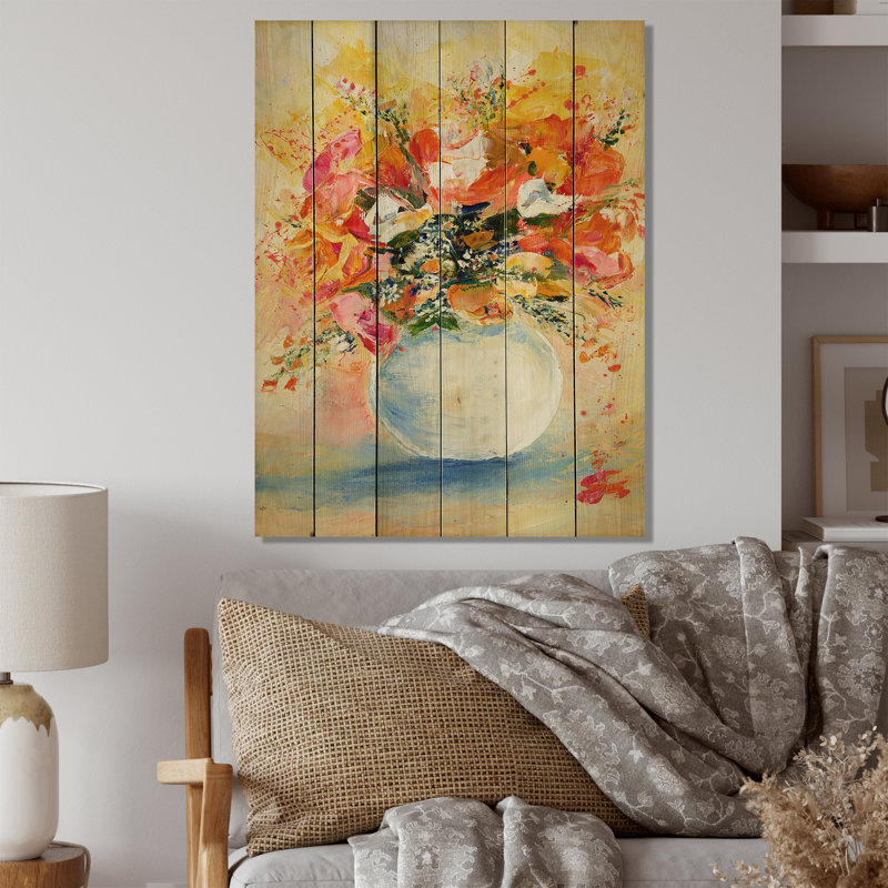 Orange et jaune bouquet de fleurs - impression d'art mural en bois de ferme, H 32 po x l 16 po x P 1 po