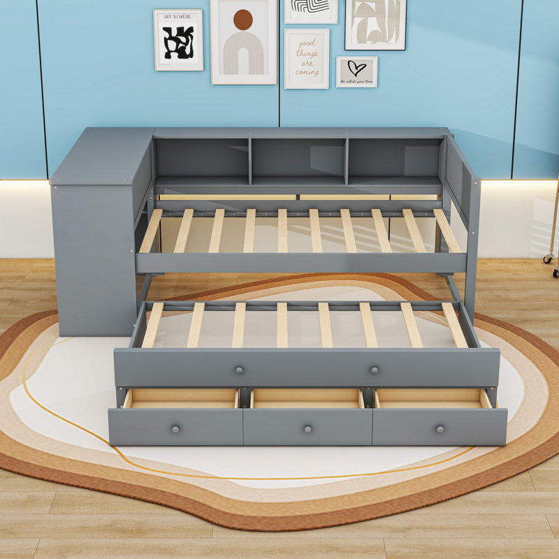 Three Drawers Wooden Daybed with Trundle and Side Shelves, Grey, Twin